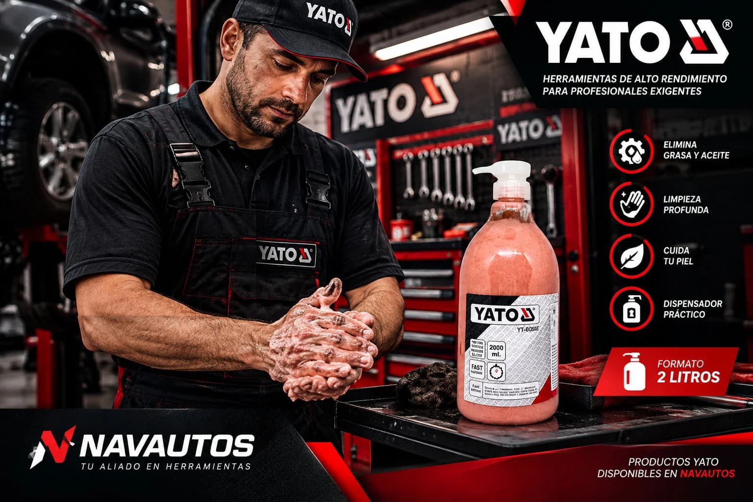 Jabón industrial YATO de 2 litros con dispensador — elimina grasa y aceite, limpieza profunda y cuida la piel. Mecánico lavándose las manos en el taller.